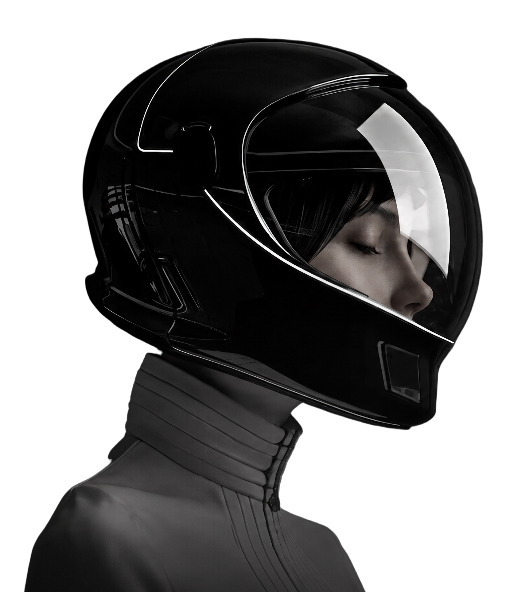 Reflective black helmet portrait